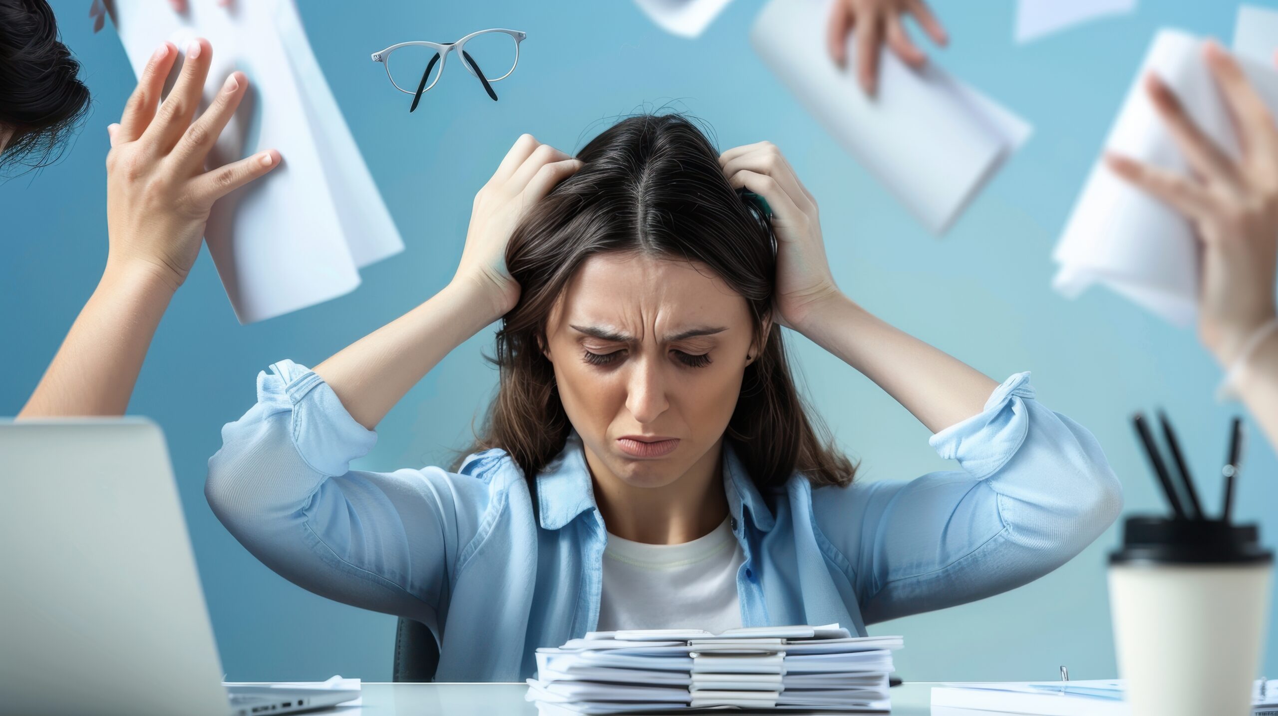 Stressed woman overwhelmed by bills and paperwork.