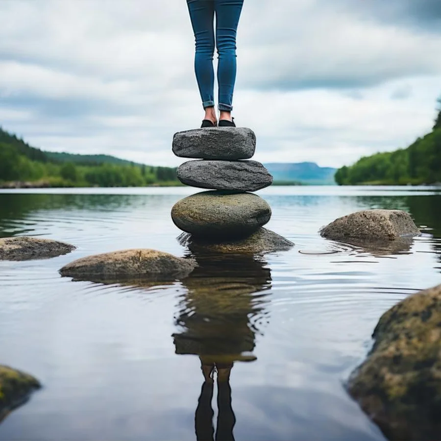 Person balancing on a stack of stones in a river.