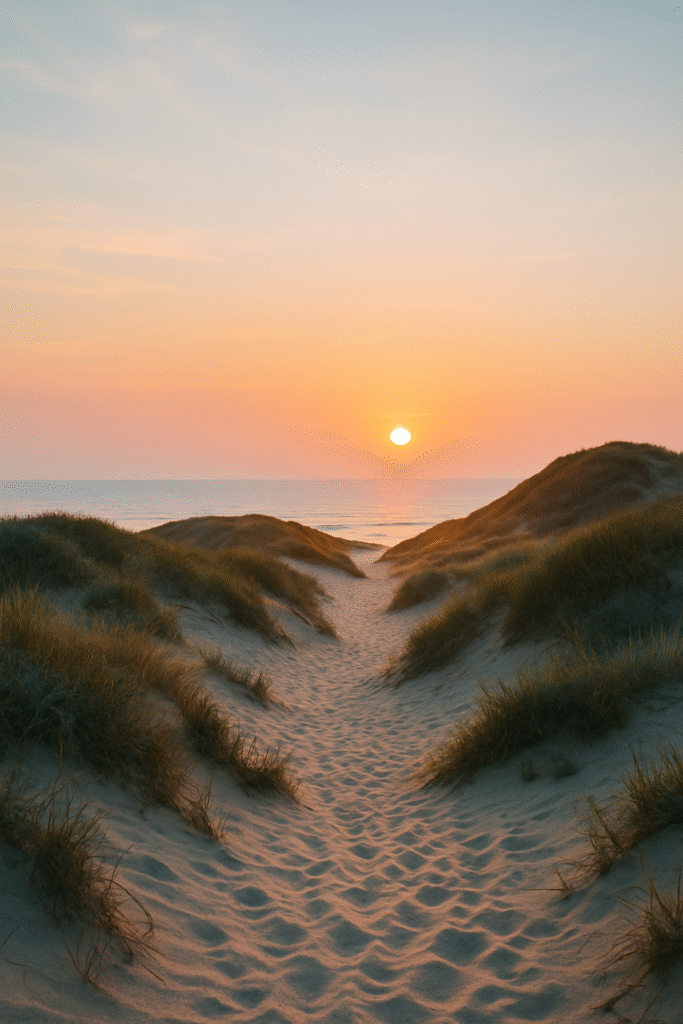 Sunset over sandy dunes with grassy hills and a calm sea.