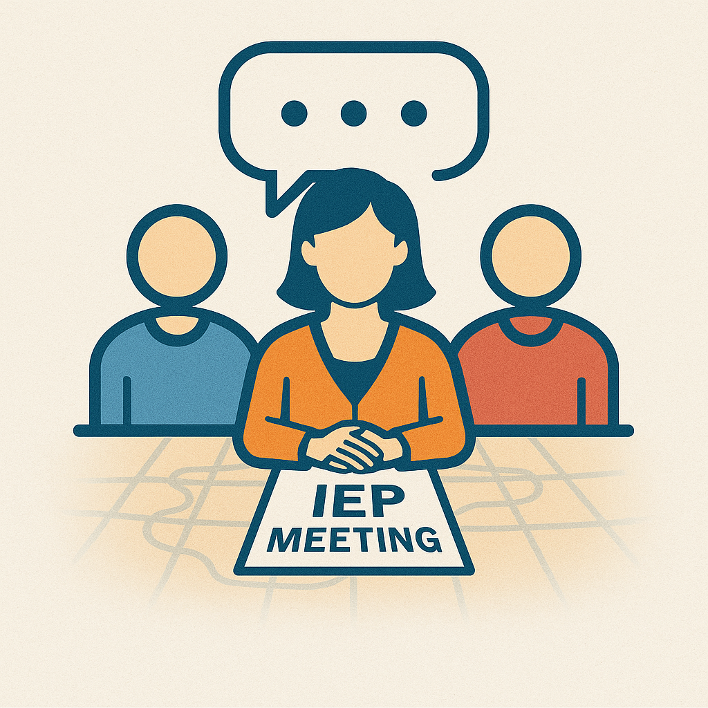 Illustration of a person leading an IEP meeting with two attendees.