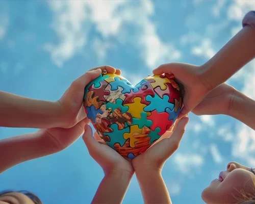 Hands holding a colorful heart-shaped puzzle against the sky.