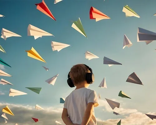 Child with headphones watching colorful paper planes flying in the sky.