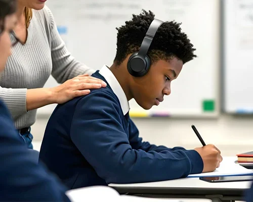 Teacher supporting a focused student wearing headphones in class.